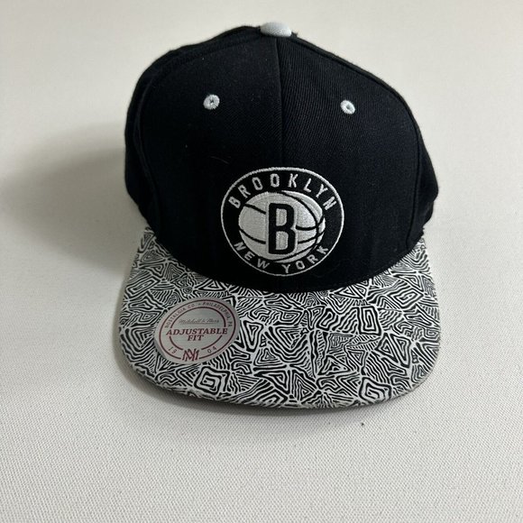 Mitchell‎ & Ness Brooklyn Nets NBA ￼Snapback Cap Black Grey Word Logo Wool Hat - Picture 1 of 5